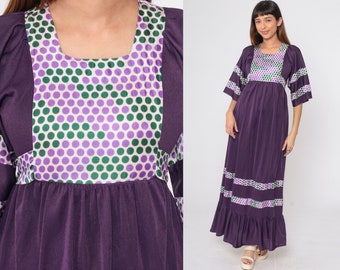 70s Maxi Dress Purple Polka Dot Bib Wide Sleeve Boho 1970s Bohemian Empire Waist Hippie Festival Vintage Flounce Hem Green White Small