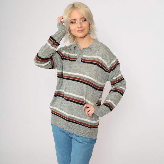 80s Striped Sweater Grey Collared Cable Knit V Neck Pullover Bohemian Hippie 1980s Freaks and Geeks Vintage Retro Brown Black Medium Large