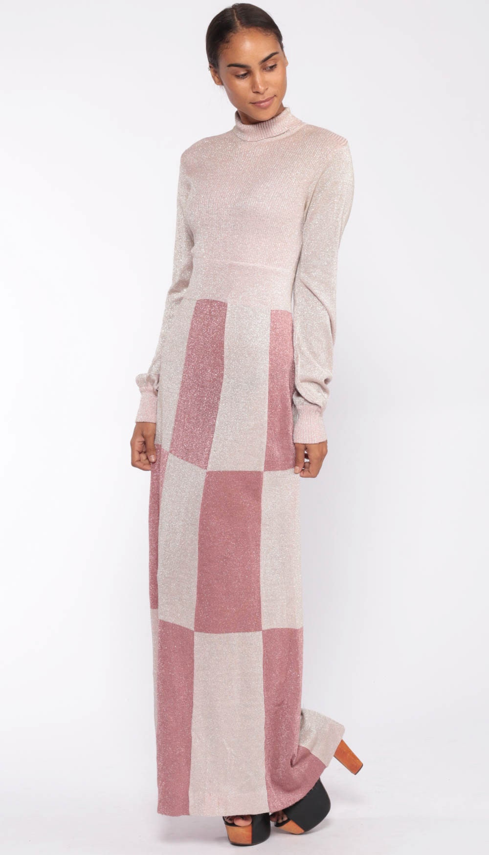 Metallic Knit Dress -- Pink Silver Sweater Dress 70s Maxi Sparkly 