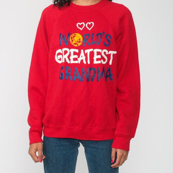 Greatest Grandma Shirt 80s Sweatshirt World's Greatest Raglan Sleeve Graphic Sweatshirt Gramma Slouchy Sweater Vintage Red Medium Large