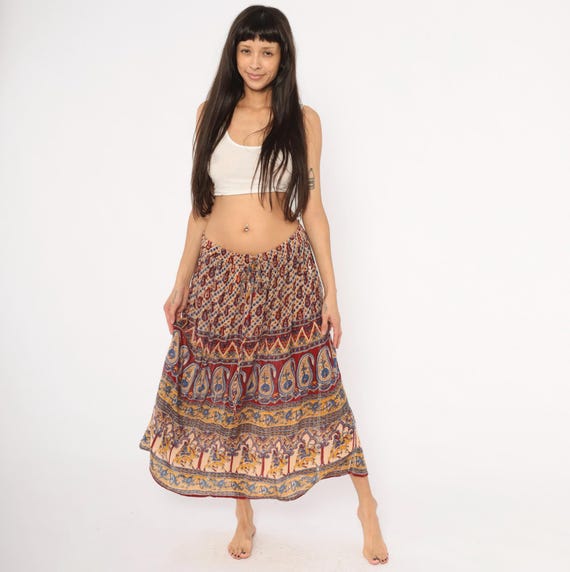 Y2K Indian Maxi Broomstick Skirt Burgundy Paisley Gold Blue Drawstring Waist Flowy Ethnic Festival Prairie Summer Vintage Extra Large XL