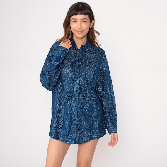 Metallic Blue Disco Shirt 70s Mini Dress Sparkly Glitter Long Sleeve Party Club Studio 54 Night Out Shimmery Dance Floor Vintage Large L