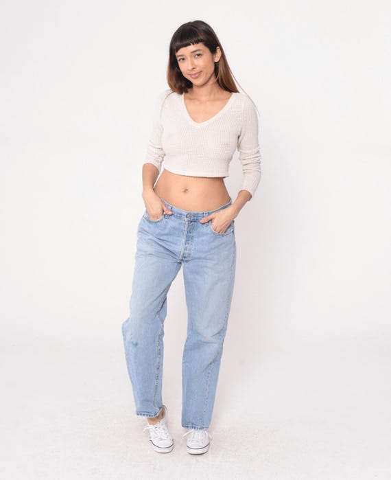 Levi's 501 Jeans 90s Light Blue Wash High Waist Straight Leg Classic Denim Vintage Faded Distressed Thrashed Men's 36 x 30 Extra Large XL