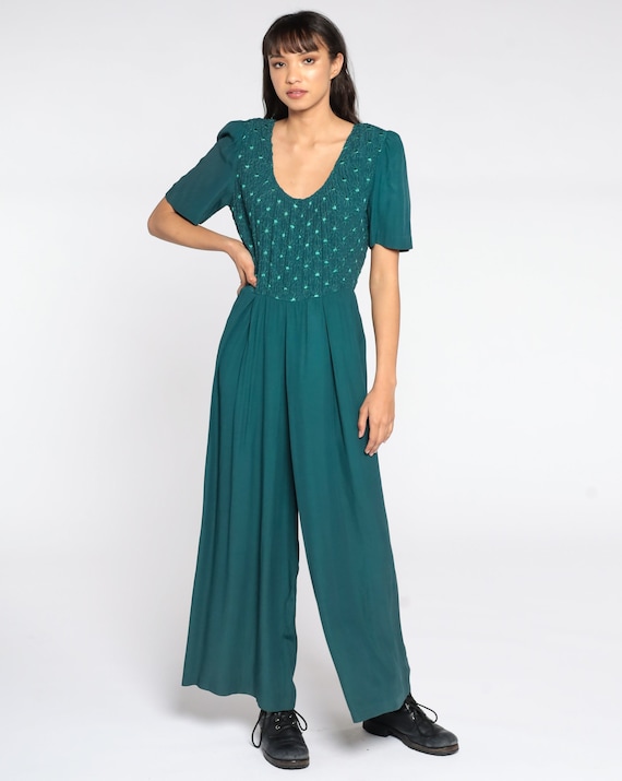 Wide Leg Jumpsuit 90s Green Jumpsuit 80s Puff Sleeve Pleated Pantsuit Button Up Vintage Romper Pants 1990s Embroidered Large 12