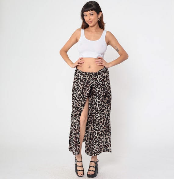 Leopard Print Skirt 90s Wrap Skirt Ankle Length Maxi Hippie Animal Cheetah Print Long Summer Beach Festival Vintage 1990s Small S