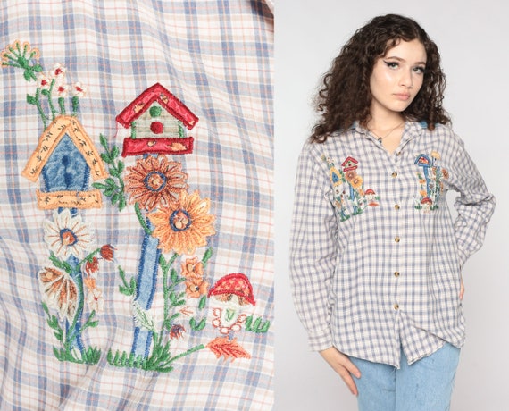 Plaid Floral Blouse 90s Embroidered Mushroom Garden Button Up Shirt Denim Collar Long Sleeve Top Gardener1990s Vintage Checkered Medium