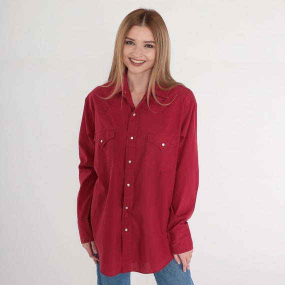 Red Western Shirt 90s Pearl Snap Shirt Button Up Collared Cowboy Top Plain Solid Rodeo Collar Long Sleeve Westernwear Vintage 1990s Medium M