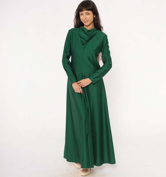 70s Green Maxi Dress Cowl Neck Cottagecore Prairie Vintage Draped Neckline Forest Emerald Flowy Modest Medieval Revival Renaissance Medium M