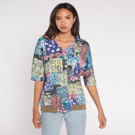Patchwork Batik Blouse Geometric Shirt 90s Hippie Boho Vintage Oversized V Neck 1990s Bohemian Short Sleeve Oversized Large xl l