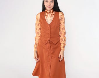 Vintage 70s Rust Brown Three-Piece Set - Scenic Print Blouse, Vest & Midi Skirt Button Up Western Boho Hippie Outfit 1970s Extra Small xs