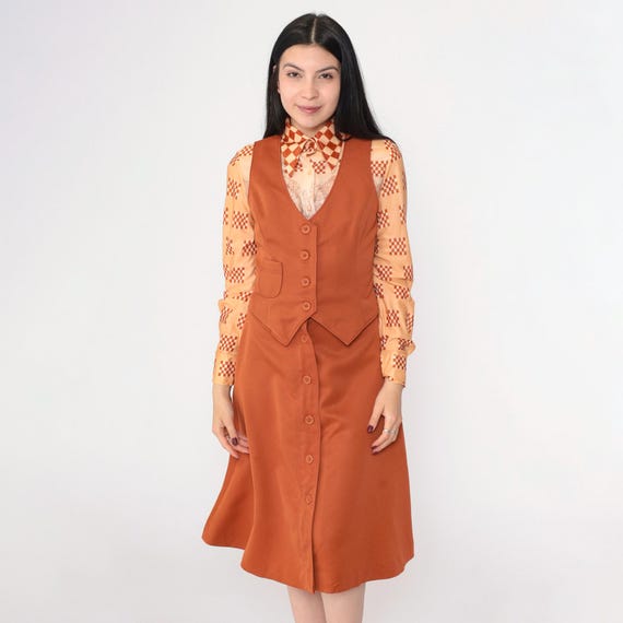 Vintage 70s Rust Brown Three-Piece Set - Scenic Print Blouse, Vest & Midi Skirt Button Up Western Boho Hippie Outfit 1970s Extra Small xs