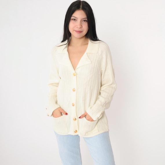 Vintage Ribbed Cream Sweater 80s Cardigan Button Up Granny Slouchy Boho 1980s Retro Bohemian Plain Collared V Neck Medium