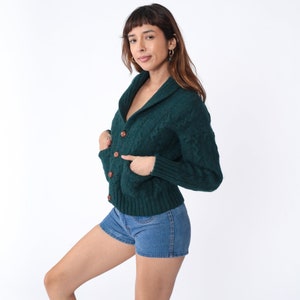 Cable Knit Cardigan 80s Dark Green Wool Sweater Wooden Button Up Grandpa Chunky Cableknit Cozy Fall Winter Basic Plain Vintage 1980s Small S image 4