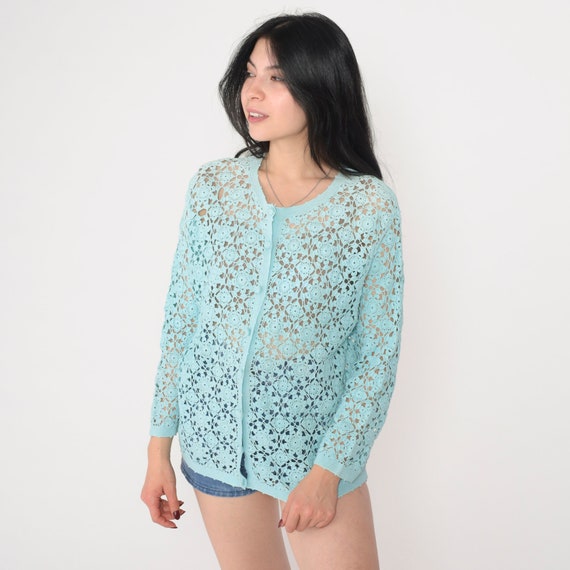 Blue Crochet Cardigan 80s Sheer Floral Knit Sweat… - image 5