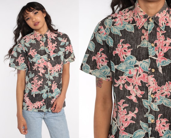 Hawaiian Shirt Faded Black Tropical Shirt 80s Floral Shirt SURFER Shirt Button Up Shirt Beach Vintage Vacation 1990s Summer Small xs