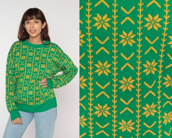 Green Snowflake Sweater 90s Fair Isle Sweater Yellow Geometric Striped Knit Pullover Crewneck Jumper Knitwear 1990s Vintage Acrylic Large L