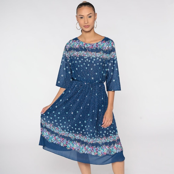 70s Floral Dress Blue Midi Dress Boho High Waisted KNIFE PLEATED Secretary Vintage 3/4 Sleeve Bohemian Large L