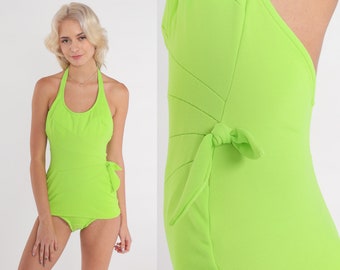 Lime Green Swimsuit 70s Piece Bathing Suit Low Open Back Halter Neck Swim Suit Full Coverage Bright Bow Basic Mod Vintage 1970s Retro Small