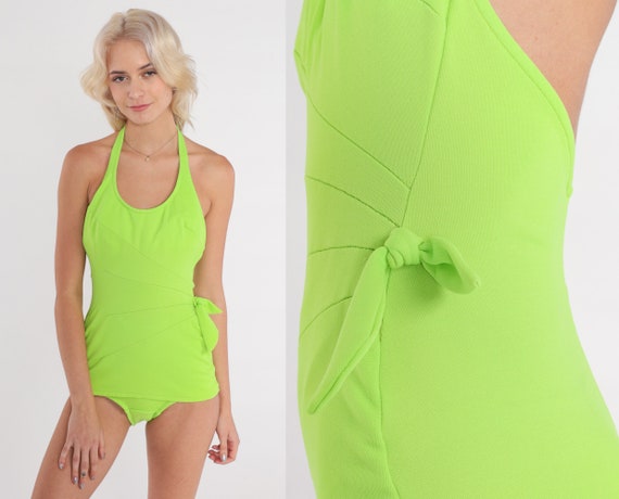 Lime Green Swimsuit 70s Piece Bathing Suit Low Open Back Halter Neck Swim Suit Full Coverage Bright Bow Basic Mod Vintage 1970s Retro Small