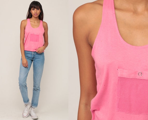 Pink Tank Top Mesh Shirt 80s Sheer Top RACERBACK Shirt Retro Sports Shirt 1980s Sleeveless Racer Back Vintage Shirt Medium