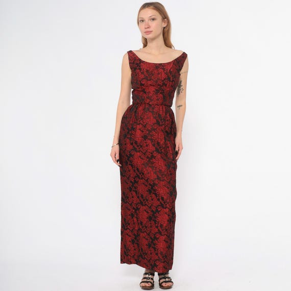60s Red Black Brocade Dress Floral Damask Empire Waist Evening Gown Vintage Cocktail Party Grunge Goth Alt Whimsigoth Witchy Extra Small XS