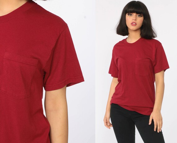 Burgundy T Shirt Pocket Tee Plain TShirt 80s T Shirt Vintage Maroon Tshirt Grunge Top 90s Hipster Retro Tee Basic Tshirt Small xs