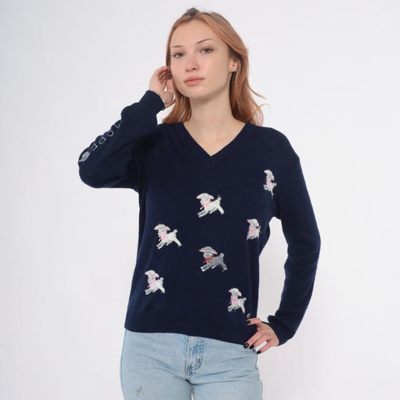 70s Lamb Sweater Navy Blue Embroidered Baby Sheep Novelty Animal Cute Kawaii Cottagecore Coquette Pink Bow Preppy Knit Vintage Large L