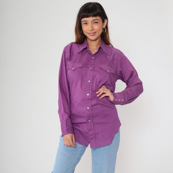 Wrangler Western Shirt 90s Purple Pearl Snap Cowgirl Button up Cowboy Rodeo Westernwear Long Sleeve Vintage 1990s Men's Small Medium S M
