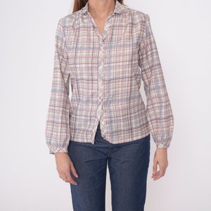 80s Plaid Blouse Pastel Button Up Shirt Checkered Print Long Sleeve 1980s Top Vintage Cream Lavender Pink Small S image 9