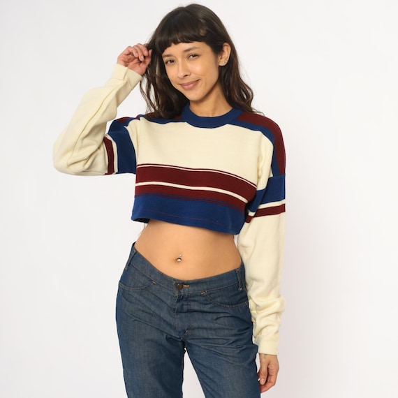 80s Cropped Sweater Color Block Striped Burgundy Wine Cream Blue Raglan Long Sleeve Sporty Vintage Pullover Ribbed Collar Casual Medium M