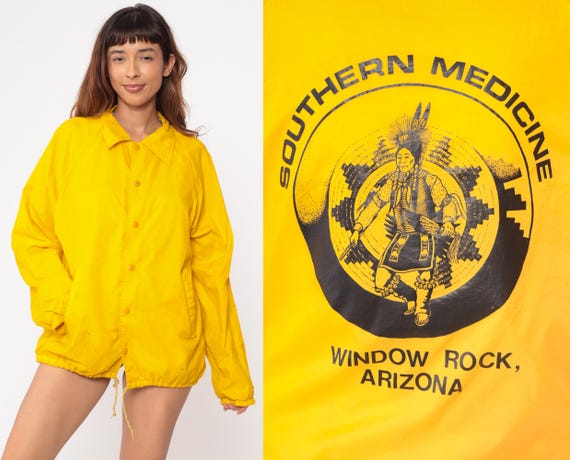 80s Arizona Windbreaker Jacket Vintage Bright Yellow Native American Southern Medicine Window Rock Coach Jacket Button Front Large L