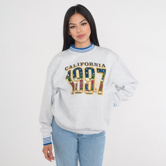 Vintage California 1997 Sweatshirt 90s Ringer Sweatshirt Beach Palm Trees Sailboat Moon Stars Graphic Shirt Retro Grey Blue Striped 1990s XL