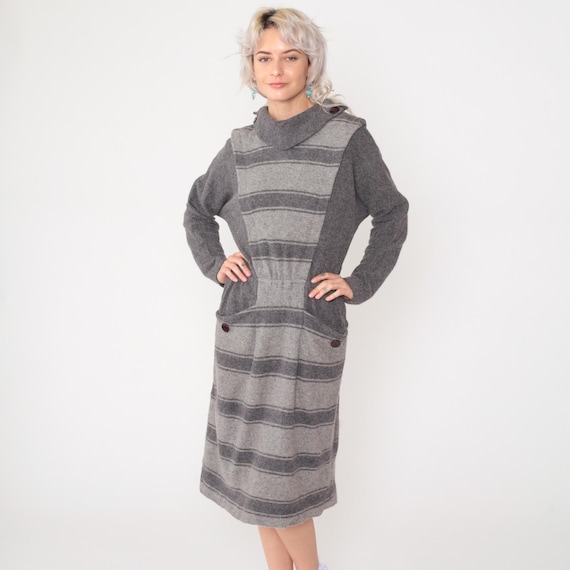 Vintage Striped Wool Dress 80s Grey Midi Preppy Winter Mock Neck Long Sleeve High Waisted Pocket Dress Secretary Small Medium