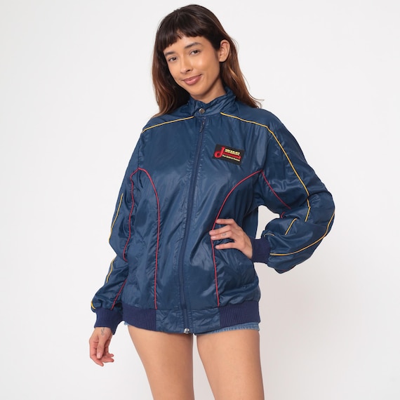 80s Windbreaker Jacket Vintage Navy Blue Red Yellow Piping Zip Front Computer Tech Company Logo Patch Nylon Bomber Work Uniform Medium M