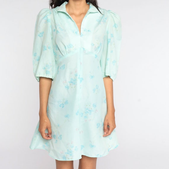 Floral Babydoll Dress 70s Puff Sleeve Mini Blue B… - image 5