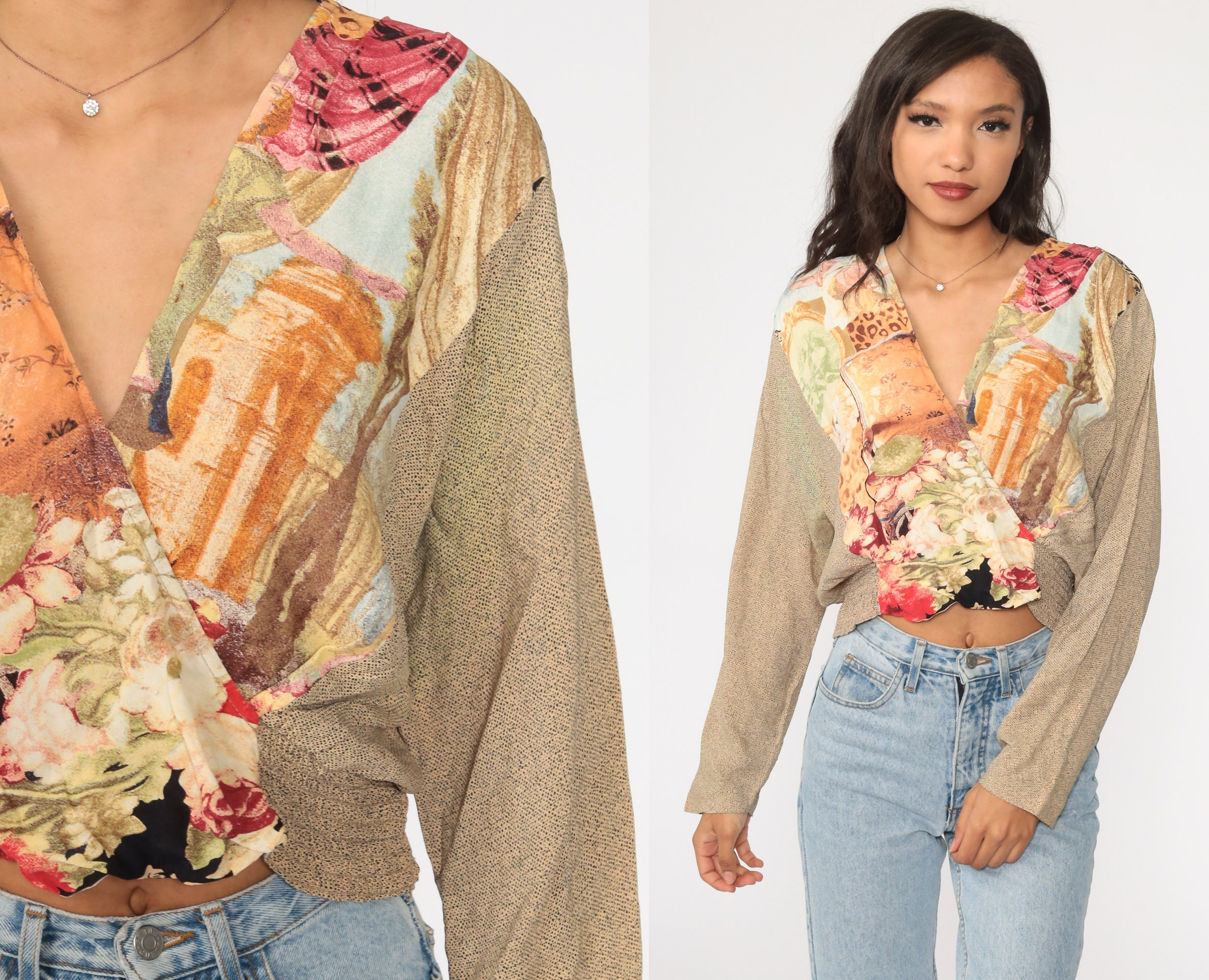 Floral Wrap Blouse 90s Deep V Neck 