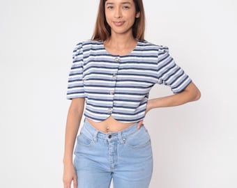 80s Striped Top Blue White Navy Puff Sleeve Cropped Button Front Round Neck Short Sleeve Vintage Nautical Preppy Blouse Summer Medium M