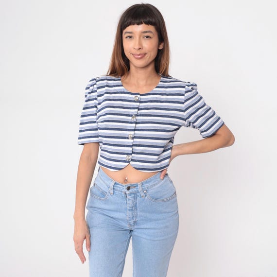 80s Striped Top Blue White Navy Puff Sleeve Cropped Button Front Round Neck Short Sleeve Vintage Nautical Preppy Blouse Summer Medium M