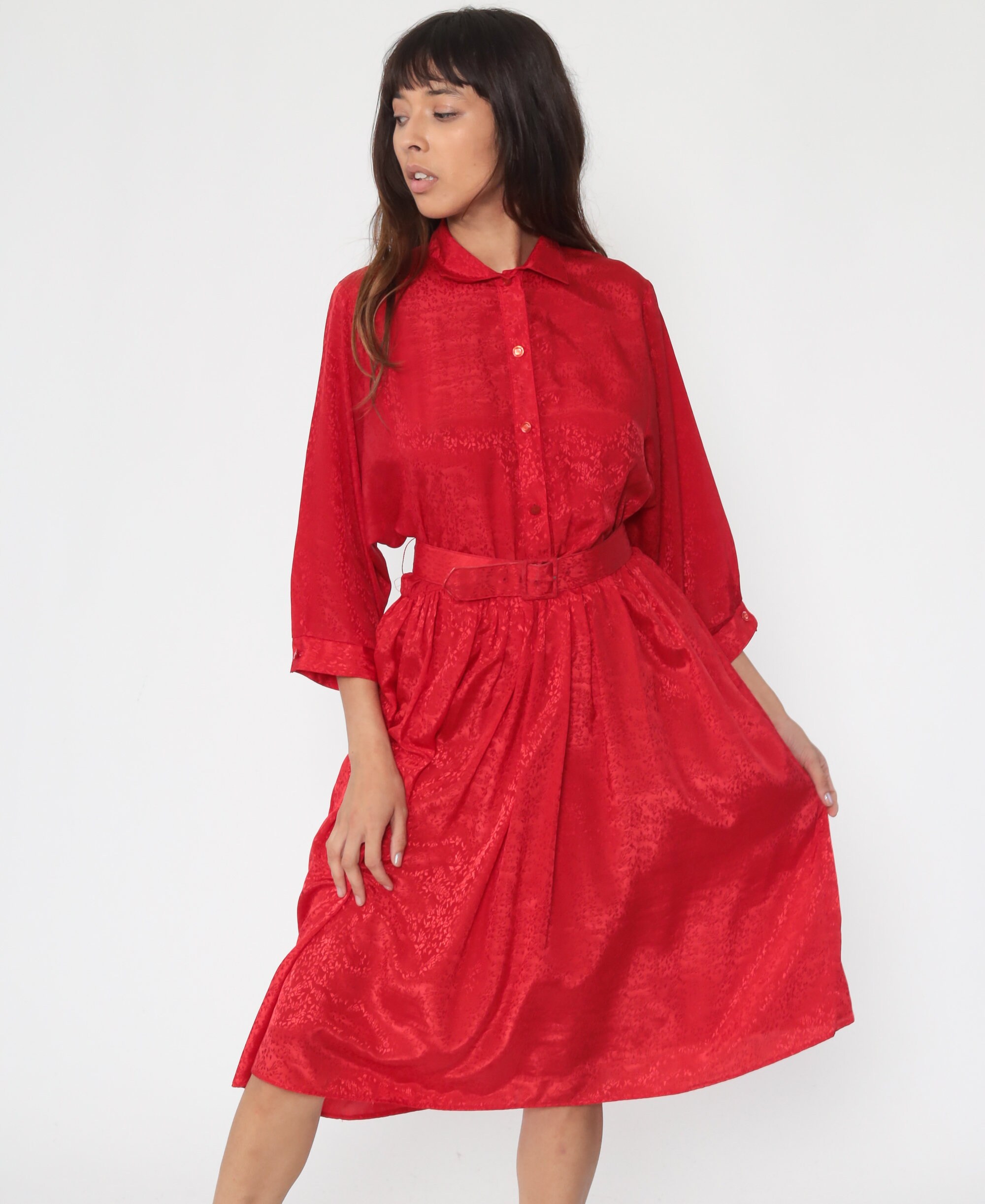 Red Secretary Dress Shirtwaist 80s Floral Dress Midi Dress Shirtdress ...