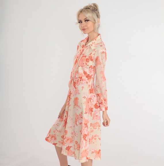 Floral Shirtwaist Dress 70s Button Up Midi Dress Cream Pink Rose Flower Print Secretary Long Sheer Sleeve Vintage 1970s Shirtdress Small S