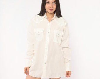 90s Western Snap Shirt Ely Cattleman Ivory Pointed Collar Yoke Cream Long Sleeve Button Up Cowboy Ranch Prairie White Country Top Medium M