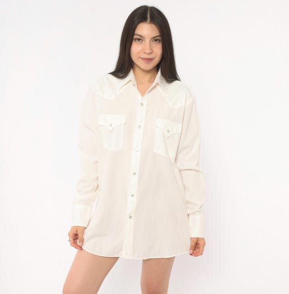 90s Western Snap Shirt Ely Cattleman Ivory Pointed Collar Yoke Cream Long Sleeve Button Up Cowboy Ranch Prairie White Country Top Medium M