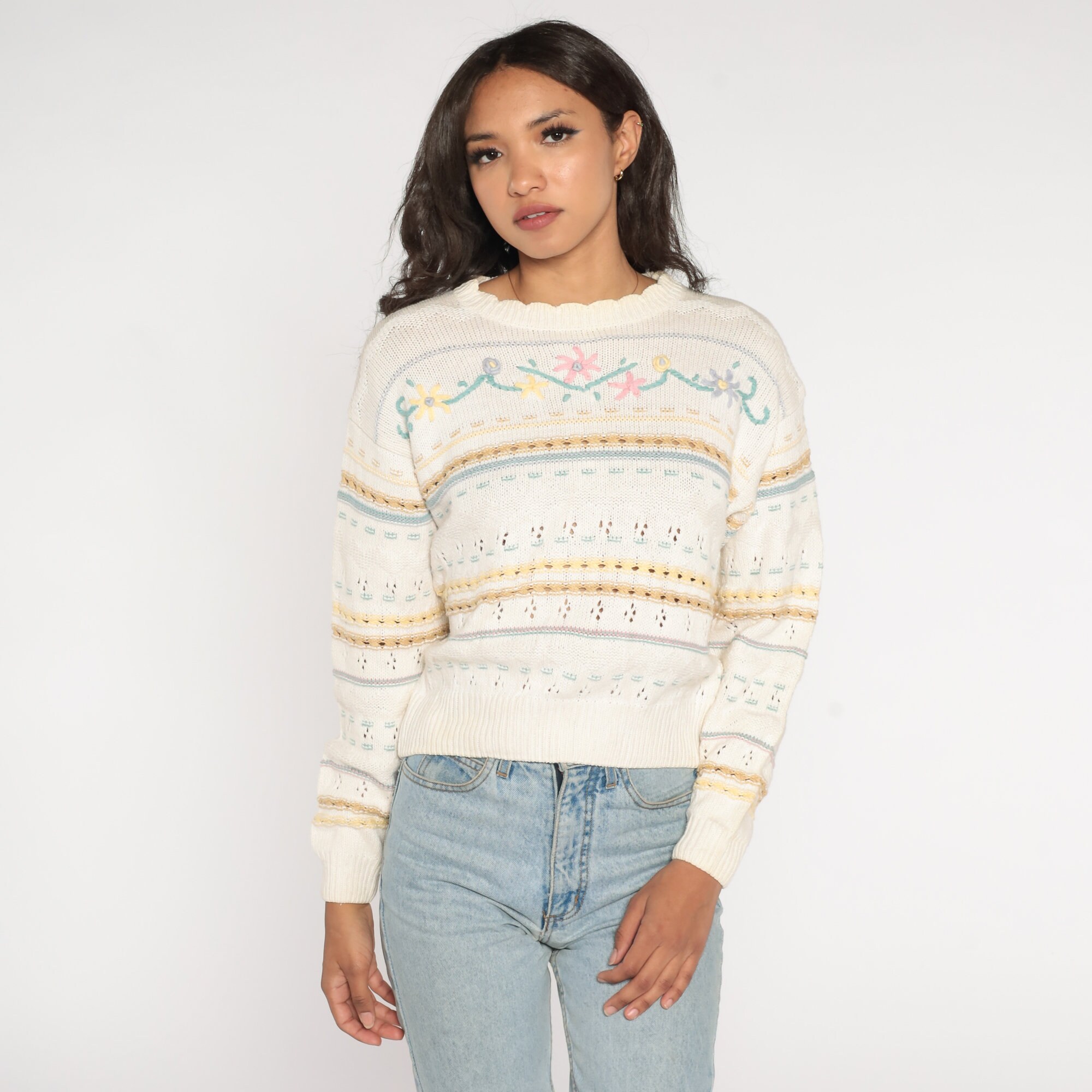 80s Floral Sweater White Knit Pullover Sweater Pointelle Cutout Striped