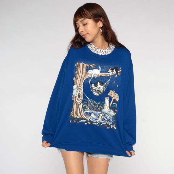 90s Cat Sweatshirt Kitties Fishing Royal Blue Woodland Scene Catch Of The Day Nature Grandmacore Long Sleeve Crewneck Pullover Plus Size 2X