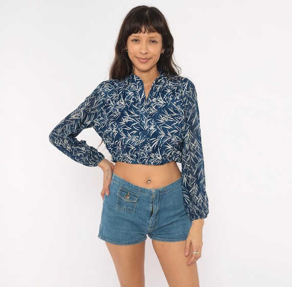 80s Bamboo Leaf Print Crop Top Navy Blue White Botanical Blouse Pintuck Pleated Mandarin Collar Balloon Sleeve Sheer Fitted Vintage Medium M