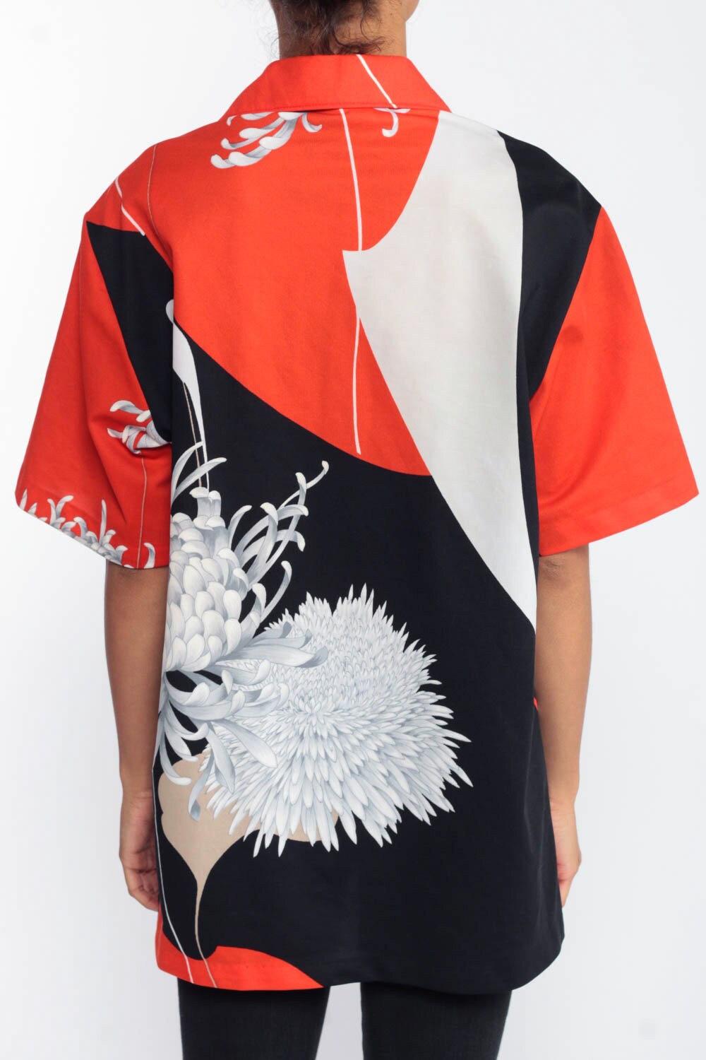 70s Floral Button Up Shirt Asian Floral Print Orange Black Japanese