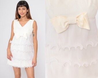 60s Mini Dress White Pleated Ruffle Cocktail Party Dress Flounce Prom 1960s Mod Empire Waist V Neck Sixties Vintage Formal Mad Men Small