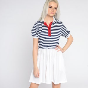 80s Nautical Striped Dress White Blue Sailor Dress 80s High Waisted Short Sleeve Mini Vintage Button up Polo Pocket Dress Small S