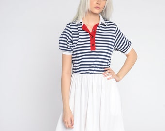 80s Nautical Striped Dress White Blue Sailor Dress 80s High Waisted Short Sleeve Mini Vintage Button up Polo Pocket Dress Small S