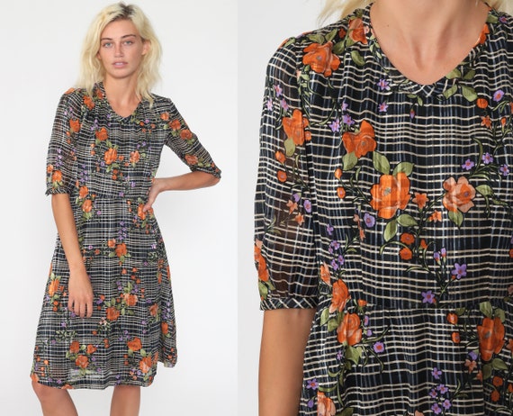 Checkered Floral Dress Midi Dress Bohemian Dress 70s Vintage Boho Dress Black White Orange 1970s High Waisted 60s Short Sleeve Dress Small 6